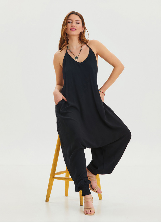 Black Bohemian Jumpsuit with Elasticated Legs and Tied Neck 4484